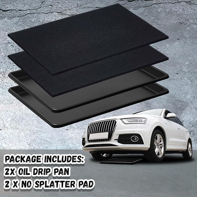Uiifan 2 Sets 27'' x 20''x 1.4'' Oil Drain Drip Pan for Car with Square No Splatter Pad Oil Drip Tray with Mat for Under Car Transmission Garage Automotive Driveway to Keep Floor Clean, Black
