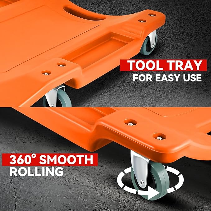 Auto Dynasty 40 Inches Mechanic Creeper, Automotive Garage Repair Low Profile Under Car Rolling Creeper with Padded Headrest, Plastic, Orange