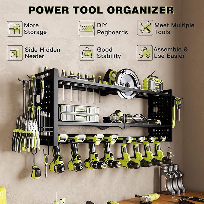 Power Tool Organizer Wall Mount,Cordless Drill Hanger Storage Rack 8 Drill Holder,3 Layers Heavy Duty Power Tool Storage Rack (Black)