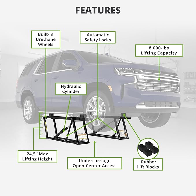 QuickJack Bundle - 8000TL Portable Car Lift, Wall Hangers & SUV Adapters, ALI Certified, 8,000-lbs. Capacity, 110V Power Unit, Car Lift for Garage, Shop, & Mechanic