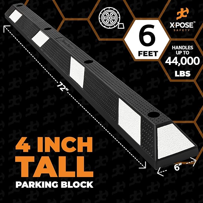Xpose Safety 72" Heavy Duty Rubber Parking Stopper – Bulk Half Pallet 24 Pack Wheel Blocks for Garage, Driveway, or Ramp – Car Bumper Stop with White Reflective Strips – Removable Floor Mount