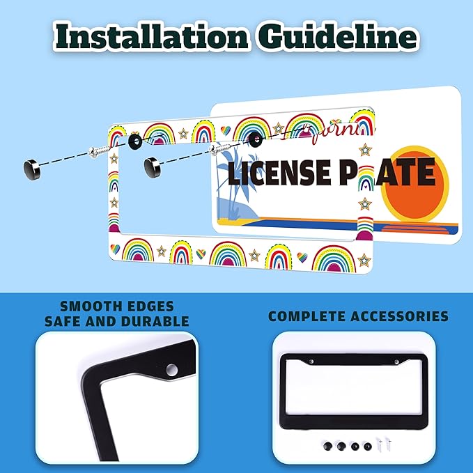 Gay Rainbow License Plate Frame Pride License Plate Holder Cartoon for Front or Rear Car Tags Stainless Steel Funny Car Decoration with Screws 6.3 X 12.2 in