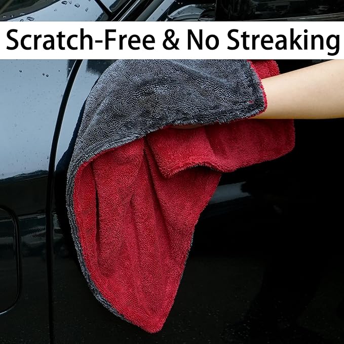 LIVOS Car Drying Towel, Premium Microfiber Towels for Cars, 1000GSM, Edgeless Twisted Loop Design, No Streaks, Scratches, or Water Spot, Absorbent Wash Towel, 18" x 24" (Red&Grey)