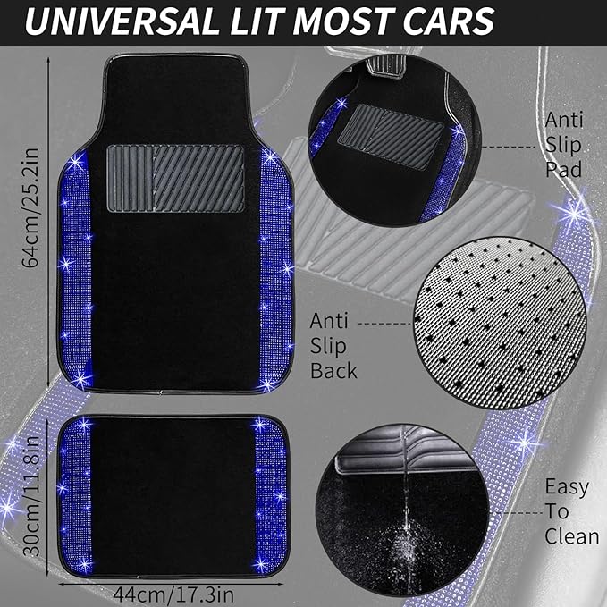 NBTEPEM Blue Bling Car Floor Mats Full Set, Universal Fit Most Cars,SUV, Trucks, 4 pcs Sparkle Glitter Diamond Carpet for Women Girls with Anti-Slip Pad (Blue Diamond)