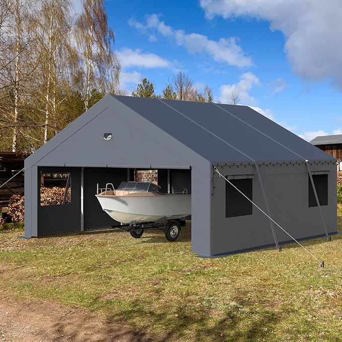 20x20 Carport Canopy, Heavy Duty Car Port, Portable Car Ports Garage with 2 Roll-Up Zipper Drive Through Doors, Grey
