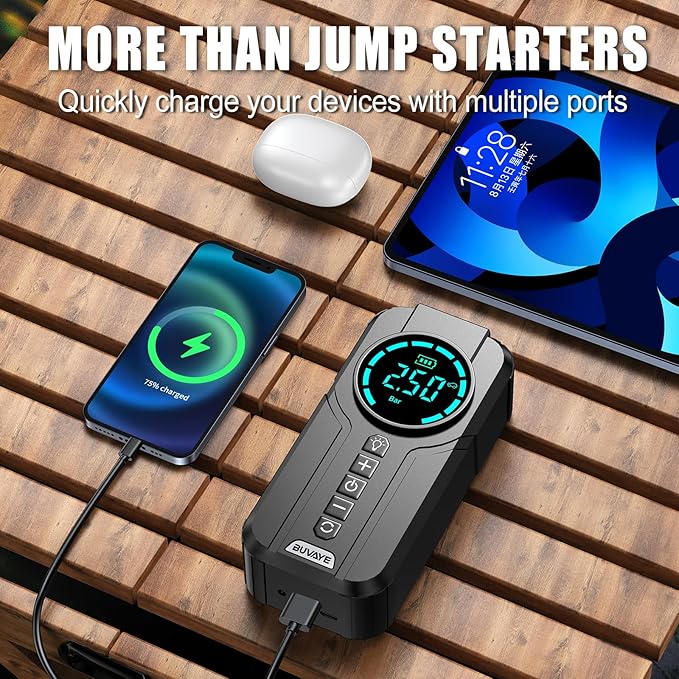 5000A Jump Starter with Air Compressor, 150PSI Battery Jumper Starter Portable for All Gas and 10.0L, 12V Car Jump Starter with Jumper Cable 3 Modes Flashlight and EVA Bag