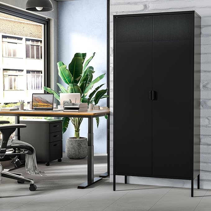 Metal Storage Cabinets with Adjustable Shelves，Pantry Kitchen Storage Cabinets，Floor Storage Cabinet for Kitchen, Laundry Room, Home Office, Kids Room (Black, 61''H)
