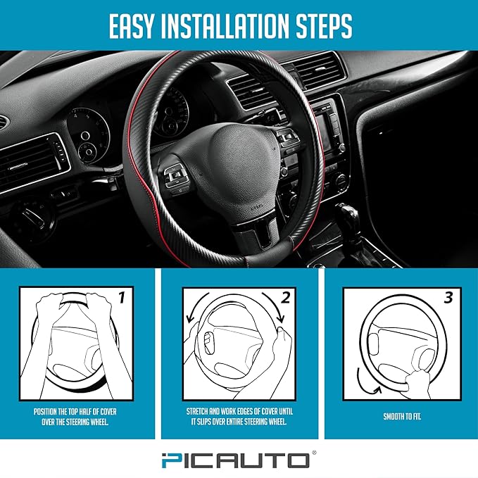 PIC AUTO Steering Wheel Cover, Red Piping Leather, Sports Carbon Fiber and Super Breathable Leather, Universal 14.5-15.5 Inch Anti-Slip Steering Wheels Accessories for Men & Women