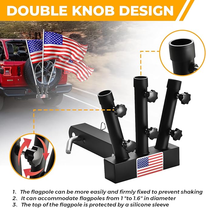 Heavy Duty Three Hitch Flag Holder, Trailer Hitch Flag Pole Holder, Fits 2" Trailer Receivers, Universal Hitch Flag Pole Holder Kit with Cars, Trucks, SUV, Pickups, Campers & Trailers