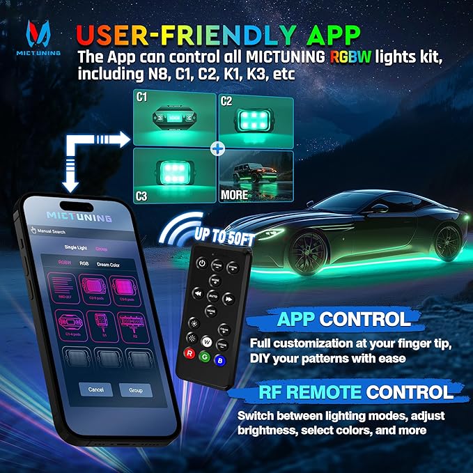 MICTUNING 8Pcs N8+ RGBW Underglow LED Lights for Cars, APP & Remote Dual Control, IP68 Waterproof Aluminum Multicolor Modes Music Soundsync Exterior Neon Accent LED Light Bar, 2 Years Warranty