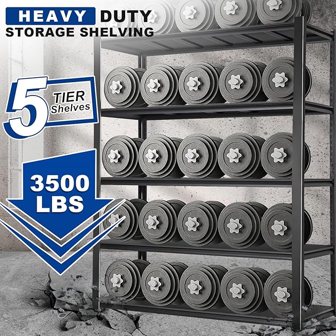 BILT HARD 3500 LBS 48" W x 24" D x 72" H Metal Garage Shelving Unit, 5-Tier Industrial Heavy Duty Storage Shelves, Steel Shelving with Adjustable Rack, Ideal for Garage, Black