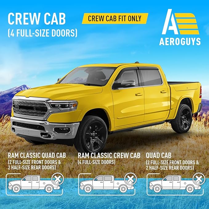 Extra Durable Window Deflectors Tape-On Window Visors Rain Guards Fit for Dodge Ram 1500 (New Body Style) 2019-2025 Crew Cab, Sun Visors, Wind Vent for Shades, Exterior Car Accessories - 4pcs. AG0717