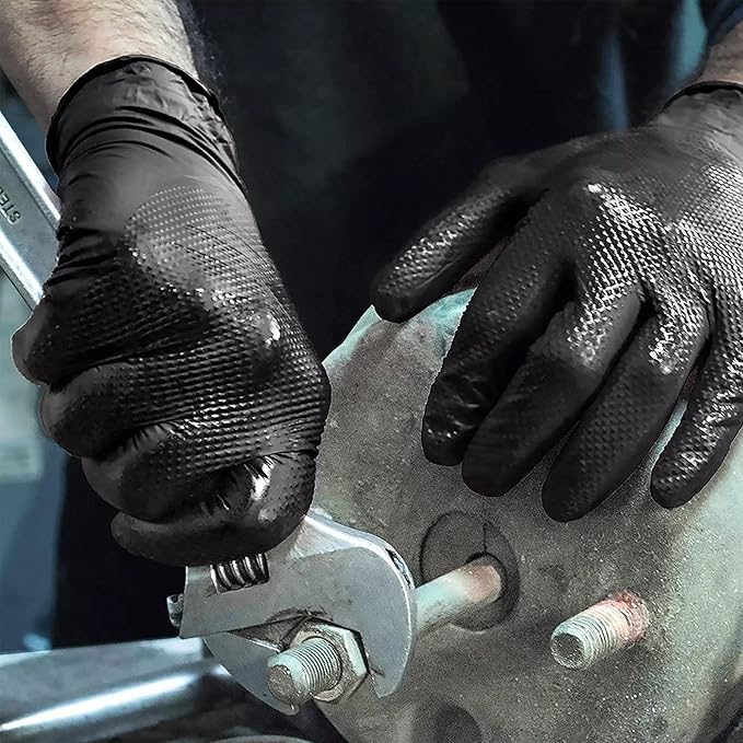 TitanFlex Thor Grip Heavy Duty Black Industrial Nitrile Gloves with Raised Diamond Texture, 8-mil, Latex Free