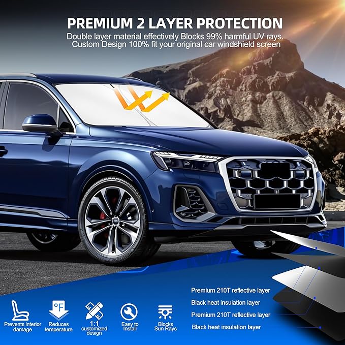 Windshield Sun Shade for Audi Q7 2016-2025 Foldable Sunshade Custom Fit Front Window Car Interior Accessories Protector Blocks UV Rays