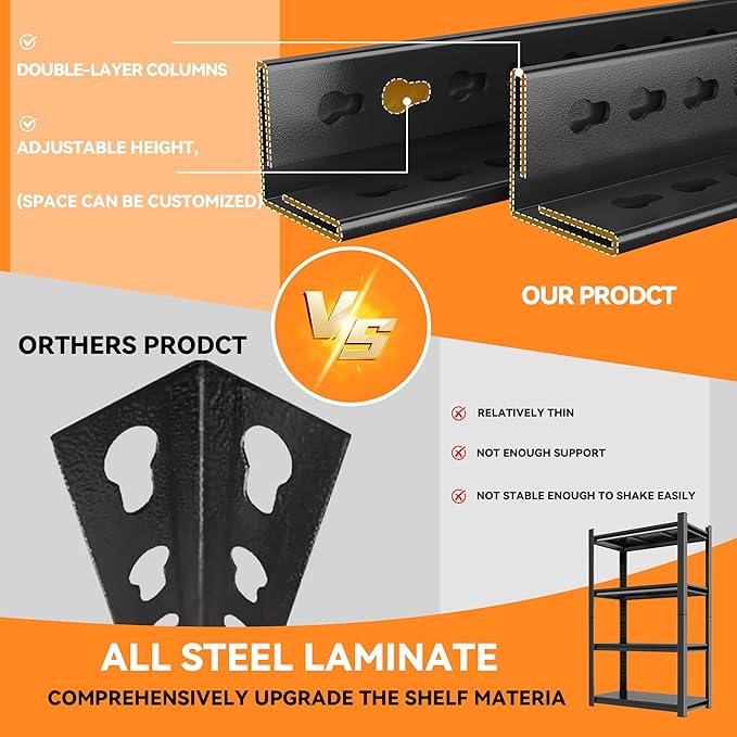63"H Garage Shelving Heavy Duty Rack, 2400 LBS Extra Large Capacity 4 Tier Adjustable Storage Shelves, Metal Industrial Shelf Units for Garage, Basement and Warehouse, 63"H×35.4"W×15.75"D, Black