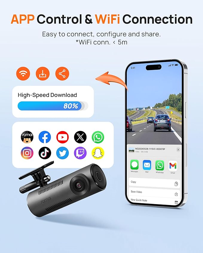 70mai Dash Cam M310, Dash Camera for Cars 1296P QHD, Smart Dash Cam Front Built in WiFi, 130° Wide-Angle FOV, WDR, Night Vision, iOS/Android Mobile App, Loop Recording, Parking Monitor, Time-Lapse