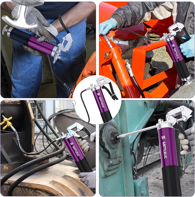 8000 PSI Heavy Duty Grease Gun Kit - 14oz with Flex Hose, Sharp Nozzle, Extension Pipe & Coupler, Purple