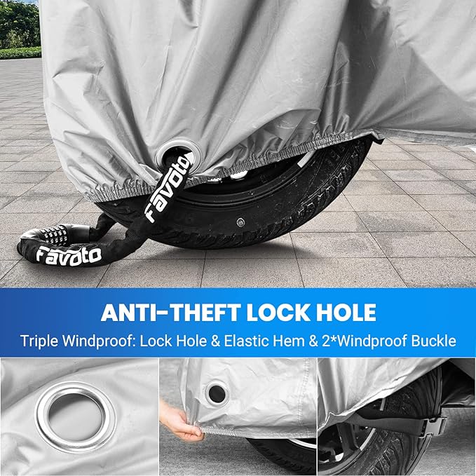 Favoto Motorcycle Cover Waterproof Outdoor - All Season Sun Protection Oxford with Lock-Holes Rain Snow Windproof Dustproof Universal Fit Motorbikes Vehicle Moped Cover, 104" x 41" x 50"
