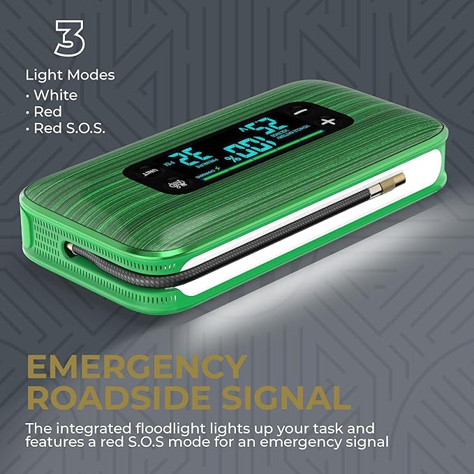 HALO Bolt Ultimate 3 Portable Car Battery Jump Starter | 130 PSI Air Compressor, 55.5Wh USB Power Bank, Large Display, Emergency Floodlight & Charger, Jumps Cars SUVs & Trucks, Inflates Tires — Green