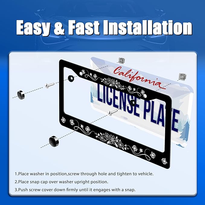 Black White Daisy Butterfly License Plate Frame Flowers License Plate Stainless Steel Funny License Plate Holder Floral Car Accessories With Screws Car Decoration 12.3"x6.3"Fits Standard Vehicles Size