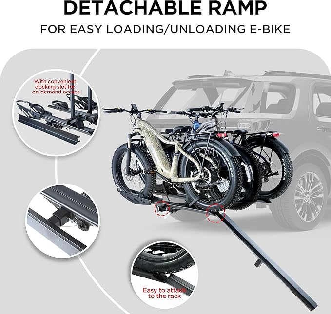Rockland Foldable 3-Ebike Rack with Ramp, 250 lbs Capacity, Hitch Mount Electric Bike Rack, Fits up to 5" Fat Tire Width and 50" Wheelbase, Ebike Carrier Rack for 2" Receiver for Cars SUVs Vans RVs