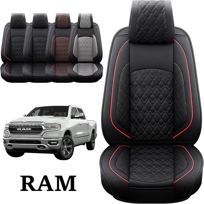 JOJOBAY Car Seat Covers for Dodge Ram Full Set,Fit Ram 2009-2025 1500/2500/3500 Pick-up Truck,Crew,Regular,Quad,Mega Cab,Waterproof Leather Seat Covers Protectors（5 PCS Full Set,Black/Red）