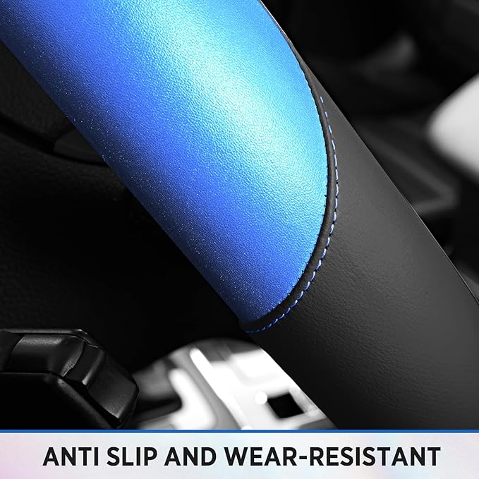 Road Comforts Steering Wheel Cover – Breathable Leather Steering Wheel Cover, Anti-Slip Grip, Universal Fit 14.5” to 15”, Heat & Cold Resistant for Cars, SUVs, and Trucks – Black & Dark Blue