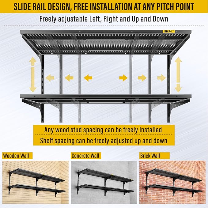 2-Pack×2 Tier 1.3x3ft Garage Shelving Wall Mounted, 800 lbs Load Capacity，15.6x36inch per Shelf Height Cassette Adjustable Floating Shelves（Total 4pcs）(Black)