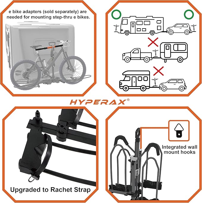 HYPERAX 2023 Volt RV -RV Approved Hitch Mounted 2 E Bike Rack Carrier for RV,Camper,Motorhome,Trailer,Toad with 2" Tow Hitch Receivers - Up to 2X 80lbs eBikes with Up to 5" Fat Tires