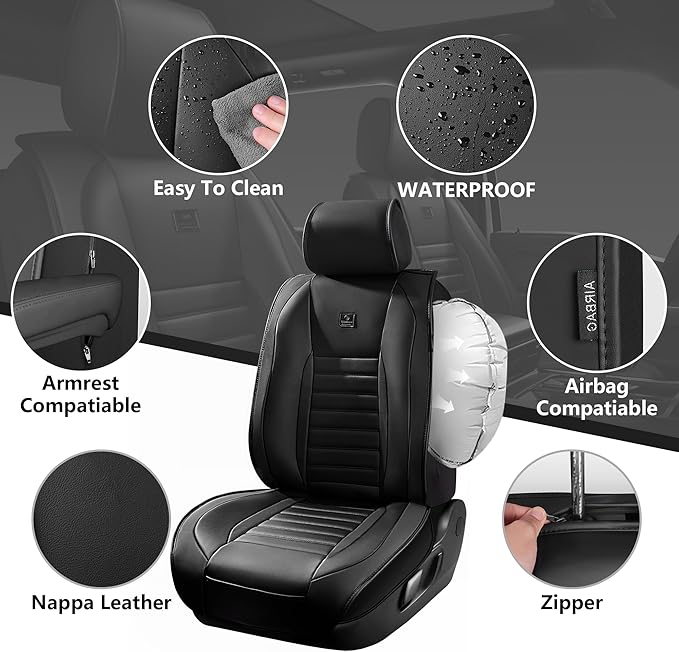 CAR PASS Nappa Leather Car Seat Covers Full Set, Luxury Seat Protector for Cars, Waterproof Anti-Slip Car Seat Cushion Armrest Compatible Airbag Universal for Sedan SUV Pick-up Truck Automotive, Black