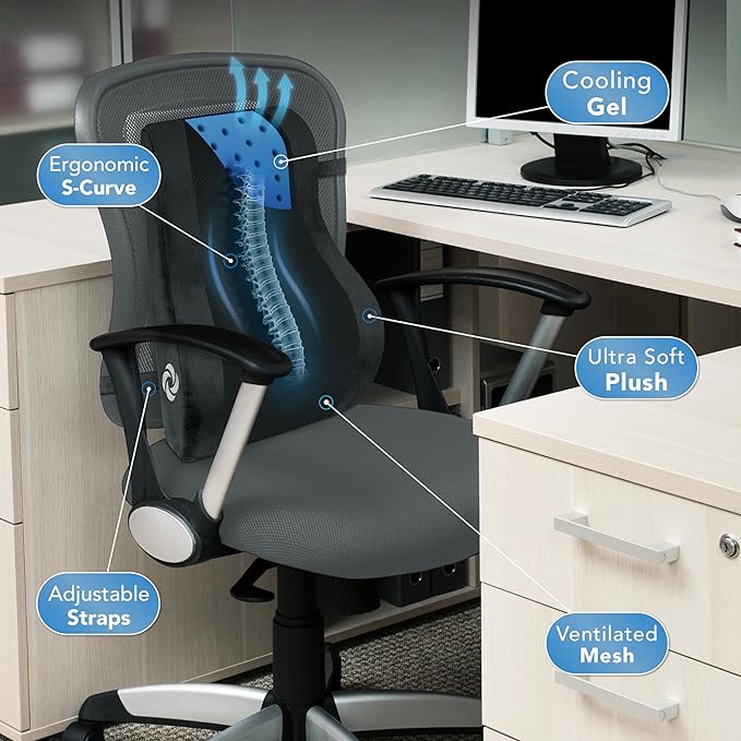 Samsonite Lumbar Support Pillow Mid and Lower Back with Cooling – Office Chair Back Cushion, Gaming Chair, Desk Chair, Car Seat Lumbar, Work from Home Office Accessories, Black with Cooling