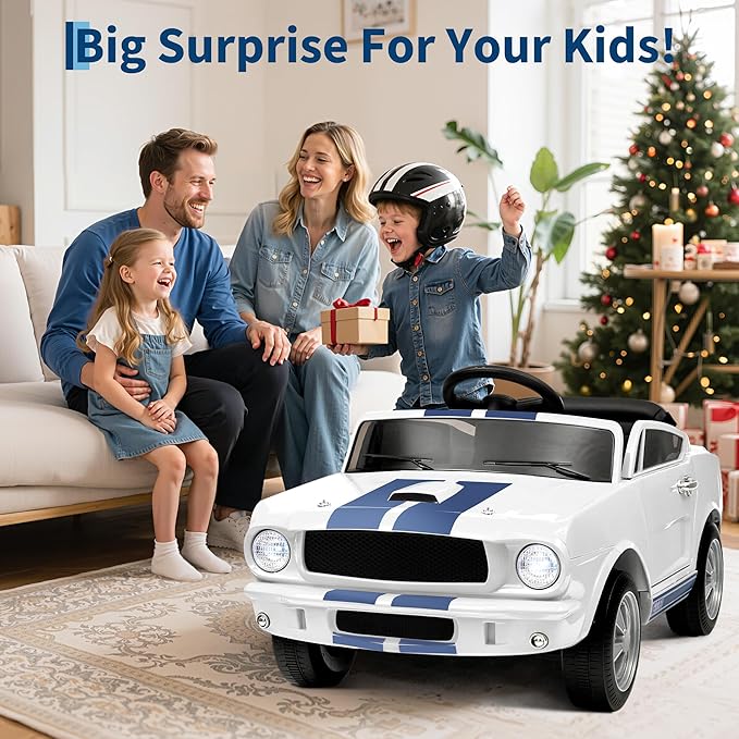12V Ride on Car Licensed Shelby GT350, Battery Powered Ride On Toy for Toddlers with Remote Control, Electric Car for Kids, Bluetooth, Shock Absorbers, Safety Belt, 3 Speeds, LED Lights, Music, White