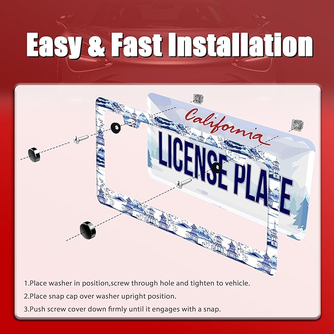 Blue White Porcelain Pattern License Plate Frame Chinoiserie License Plate Frames Funny for Car Decorative Parts Stainless Stee License Plate for Standard Us Canada 12x6 Inch