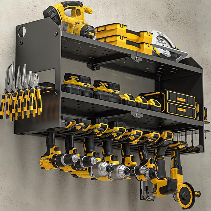 YYR Power Tool Organizer Wall Mount, Cordless Drill and Battery Holder, Electric Tools Hanger Storage Rack, Garage Organization Floating Shelf - Metal, Black