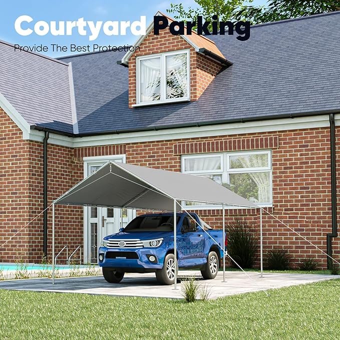 Quictent 10x15 ft Heavy Duty Car Canopy Galvanized Frame Carport Outdoor Party Tent Boat Shelter with 3 Reinforced Steel Cables - Grey