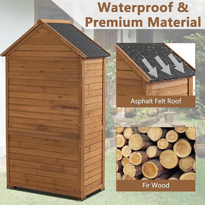 39.56"x 22.04"x 68.89" Outdoor Storage Cabinet with Removable Shelves, Waterproof Roof, and Adjustable Feet - Fir Wood Garden Tool Shed for Yard, Patio, Deck, and Garage,Yellow Brown