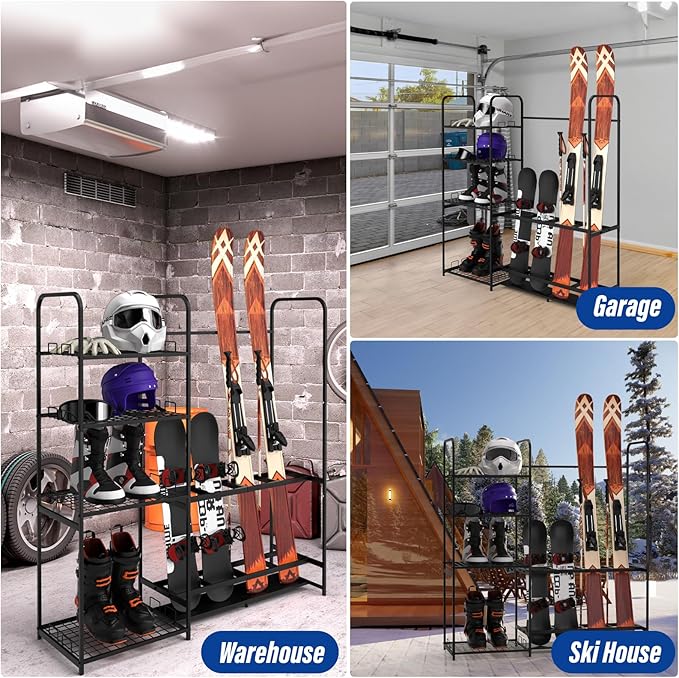 Ski Rack for Garage Freestanding Ski Storage Rack Metal Ski Holders with Storage Shelf Heavy Duty Floor Stand Ski Organizer for Snowboard Ski Poles Ski Boot Goggles Helmet