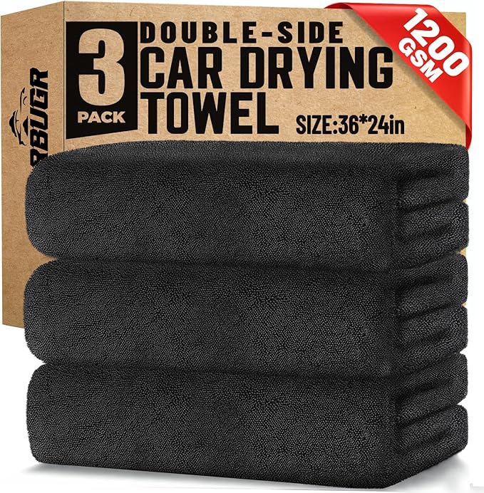 Microfiber Towels for Cars, 3 Pack Dual Sided Drying Towels Car Detailing， 1200GSM Car Drying Towel(24″x 36″), Ultra Absorbent Car Cleaning Towel, No Streak or Scratch, Machine Washable