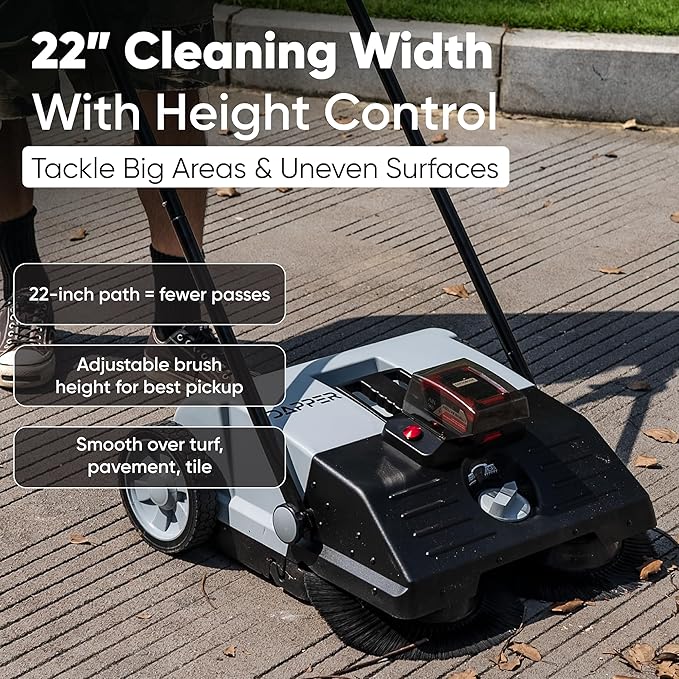 Battery Powered Artificial Grass & Hard Surface Sweeper, 22" Wide Cleaning Path, 6.5-Gal Bin, Adjustable Height, 4h Battery, Foldable, for Artificial Grass, Sidewalks, Driveways, Workshops, Garages