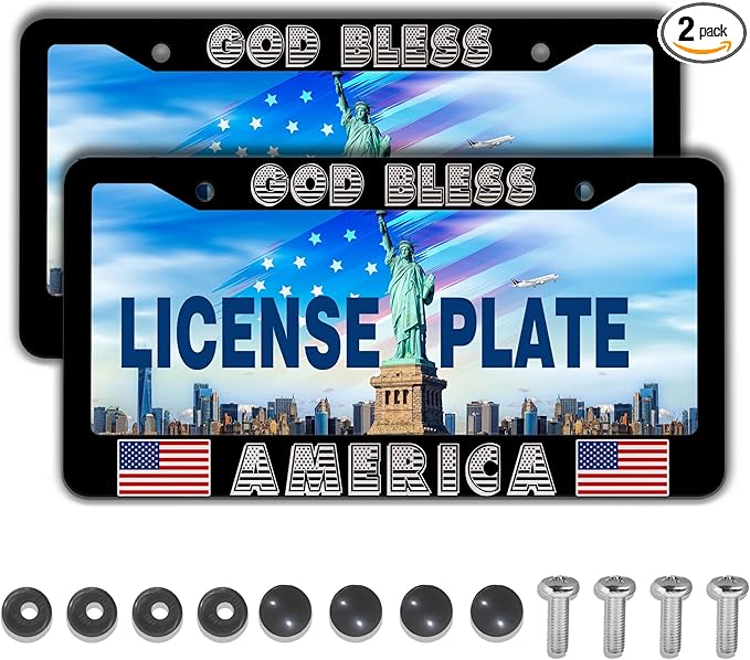 Car Plate Frame for Men Black and White License Plate Frames for Women God Bless America Aluminum Metal Car Accessory 2 Pack with Screw Covers Set