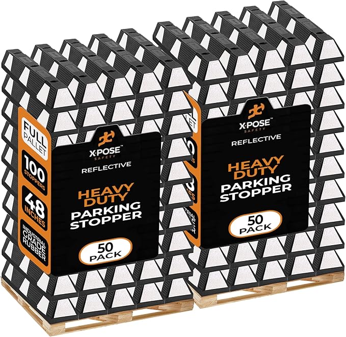 Xpose Safety 72" Heavy Duty Rubber Parking Stopper – Bulk 2 Full Pallets 100 Pack Wheel Blocks for Garage, Driveway, or Ramp – Car Bumper Stop with White Reflective Strips – Removable Floor Mount