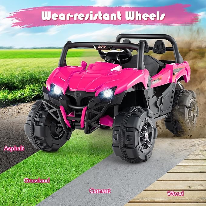OLAKIDS 12V Ride on Car UTV, Battery Powered Off-Road Kids Electric Vehicles with Remote Control, Music, Horn, MP3, Lights, 3 Speeds, Soft Start, Ride on Truck for Boys Girls (Pink)