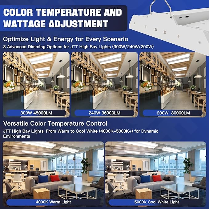 JTT LED Linear High Bay Light 300/240/200W, 45000LM Linear Shop Light Commercial 120-277V, 4000/5000K High Bay Lights Shop Workshop Store Commercial Supermarket Warehouse Basement, 2-Pack ETL