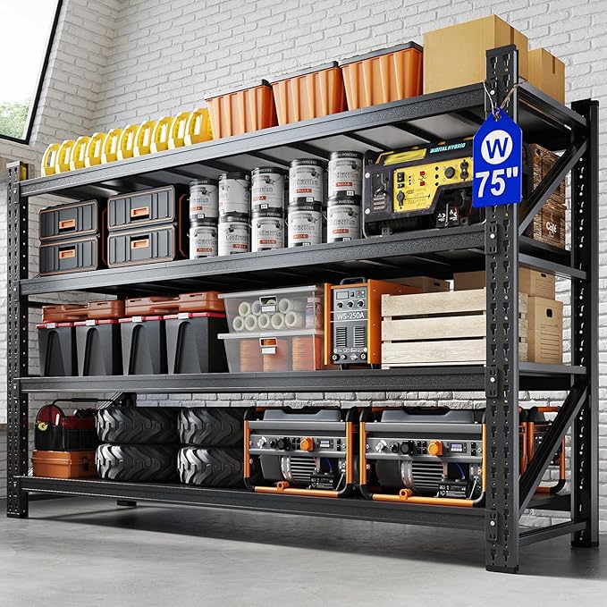 Yizosh 75" W Metal Garage Storage Shelves,8000LBS Heavy Duty 4-Shelf Adjustable Steel Organization Shelving,Utility Rack Shelf,75" W x 24" D x 70" H for Basement,Warehouse,Industrial