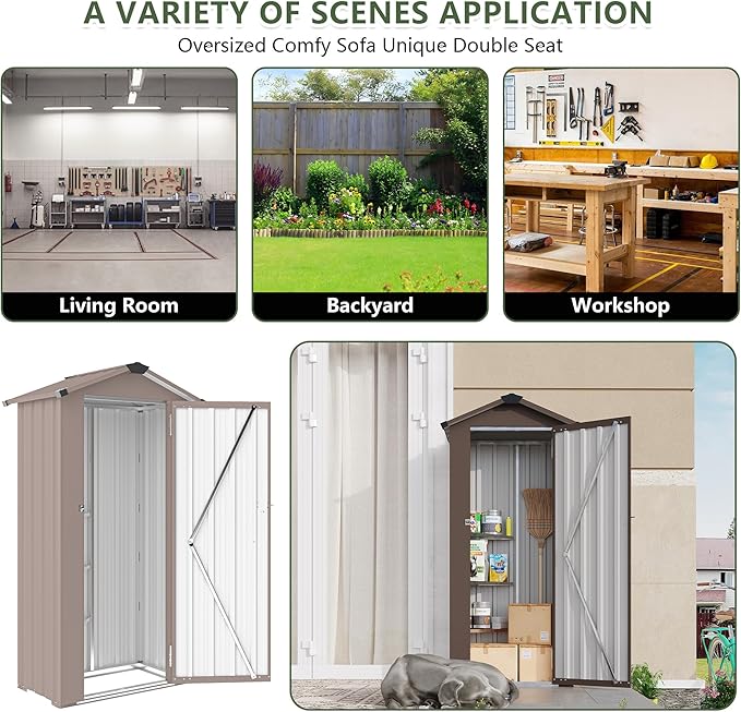 Outdoor Metal Storage Shed, Waterproof Garden Tool Shed with Lock, Galvanized Steel Utility Cabinet, Weather-Resistant Storage Locker for Backyard, Patio, Garage Tools Organization (Brown)