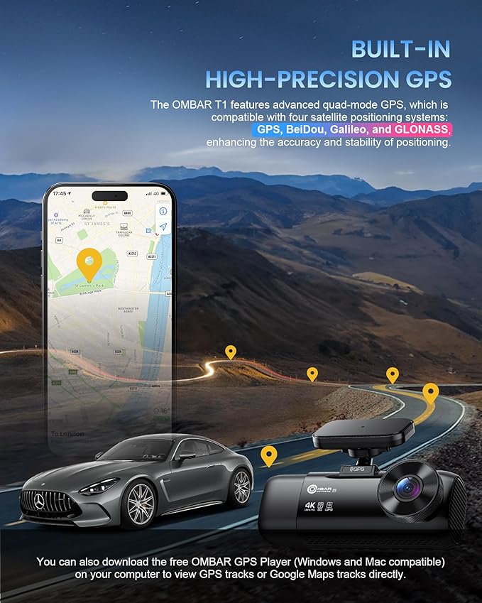 OMBAR T1 4K 3 Channel Dash Cam, STARVIS 2 IMX678 Sensors, Free 128GB Card, 2025 New Full Color HDR Night Vision, 4K+1080P+1080P Triple Car Camera,5G WiFi, 24H Parking Mode, Support 512GB Max