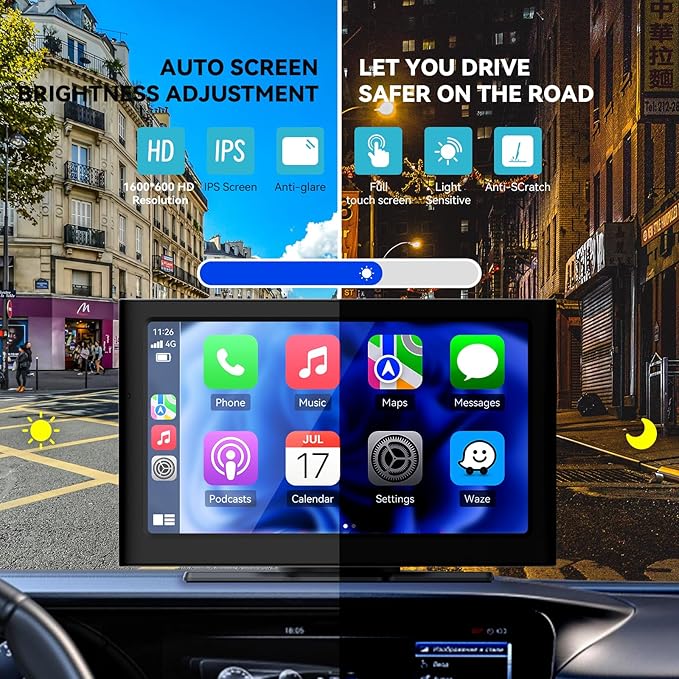7” Wireless Carplay &Android Auto IPS Touch Screen, Portable Car Stereo with 4K Front Dash Cam + 1080p Backup Camera, Bluetooth/GPS Navigation/Mirror Link/Voice Control/Loop Recording with 64GB TFCard