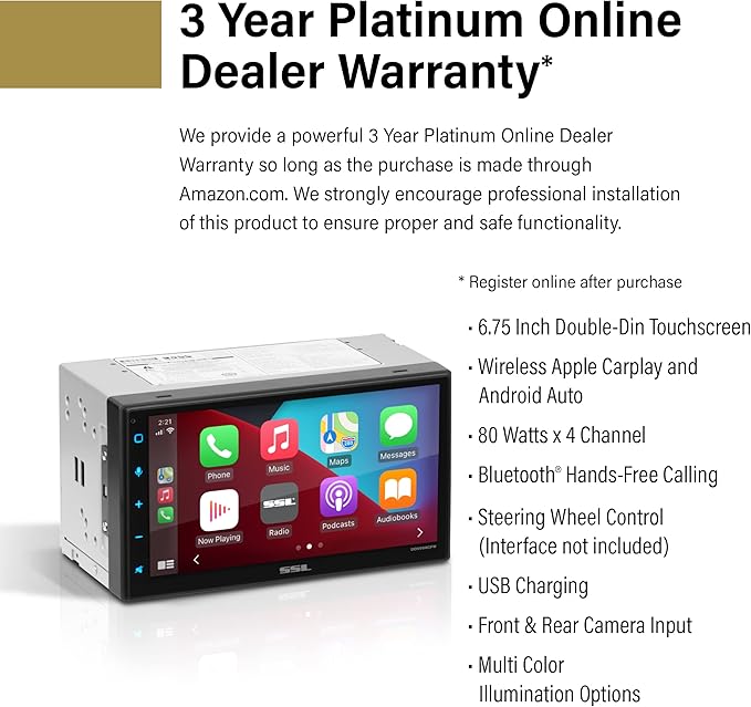 Sound Storm Laboratories DD999ACPW Wireless Apple CarPlay Android Auto Car Multimedia Player - Double-Din, 6.75 Inch Capacitive Touchscreen, Bluetooth, USB, No CD DVD Player, Multi-Color Illumination
