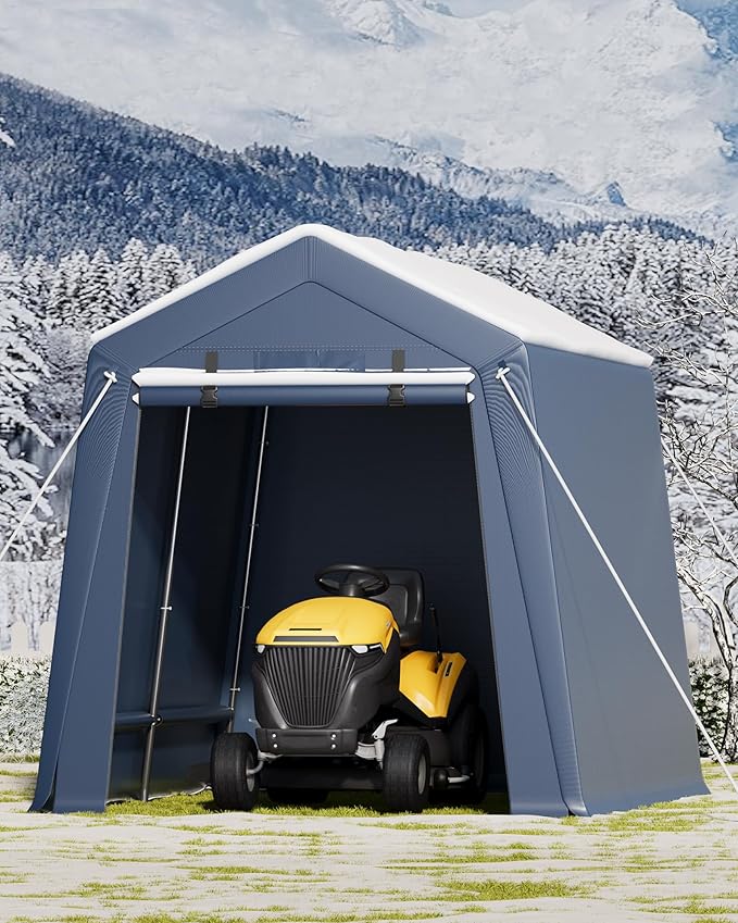 7*12F Outdoor Storage Shed with Floor, Heavy Duty Waterproof PE Tarp, Portable Metal Carport Garage Tent, 2 Roll-Up Doors & Vents, for Motorcycle and Bike Storage, Garden Tool Shed, Small Outdoor Shed