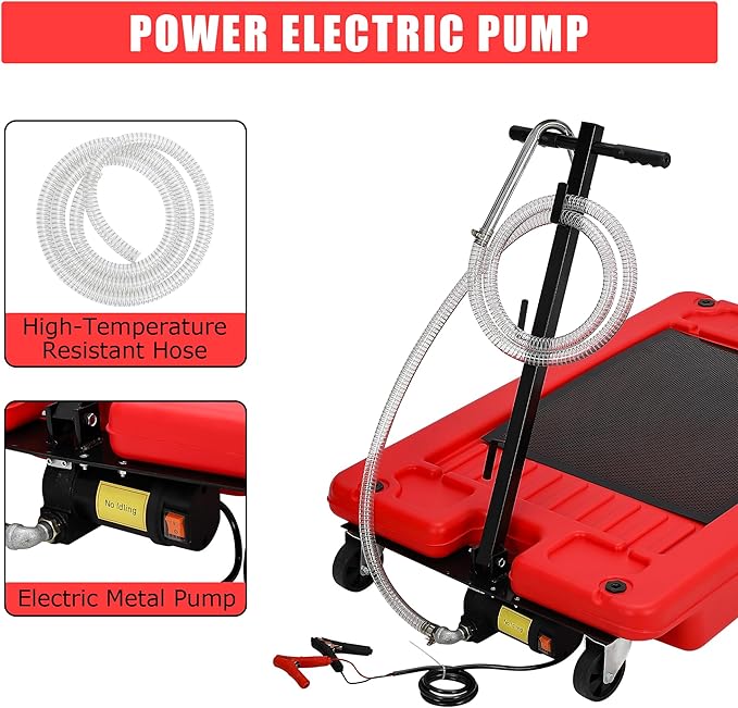 ‌17 Gal Electric Oil Drain Pan, Low Profile Mobile Oil Changing Pan with Hand Pump, 8 Ft Hose & Quick Drain Valve, Leak-Proof Design for Truck Car Motorcycle, Garage Workshop Use